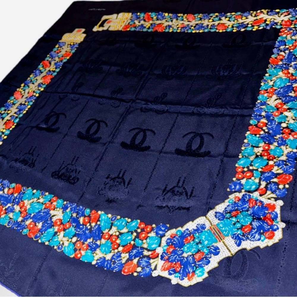 Cartier  Navy Scarf with Colorful Floral Accents